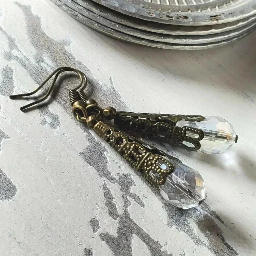 🔥POPUP SALE!🔥 Bronze Faceted Crystal Clear Luster Antiqued Filigree Earrings